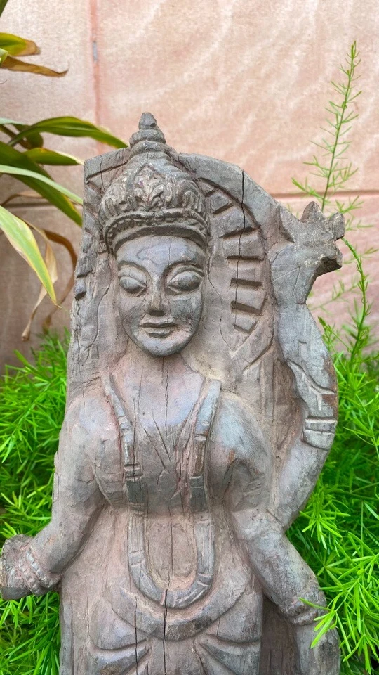 Figura de panel de diosa hindú Laxmi tallada a mano antigua de madera 17 Foto 4 de 4