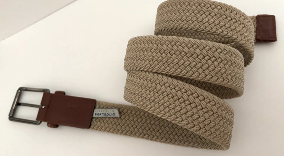 CINTURÓN DE CUERO PERRY ELLIS Portfolio Hombre 38 L/XL Marrón Caqui Elástico WEB 1.25" 48 Foto 2 de 4