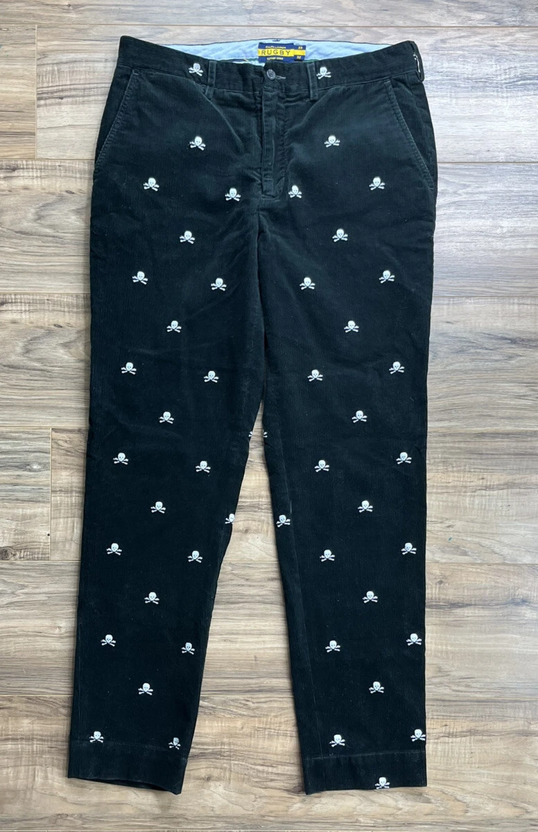 Ralph Lauren Rugby Skull Cross Bones Corduroy Pants 33x32 Dark Green Slim