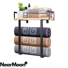 NearMoon Towel Rack with Wooden Shelf | Bathroom Organizer | Rustproof Storage ✦