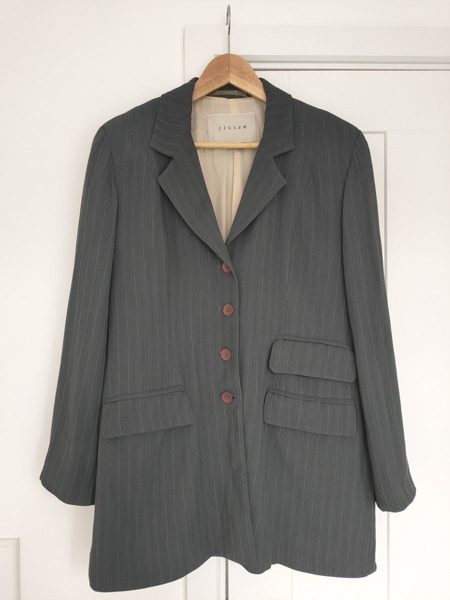 JIGSAW Womens Long Tailored Blazer Grey Pinstripe UK14 Wool Blend