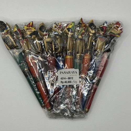 Set Of Ten Indonesian Hand Painted Carved Wood Pen Puppets Pens - Picture 6 of 13