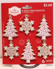 Set of 6 Holiday Time Mini Ornaments Christmas Trees and Snowflakes NEW