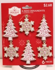 Set of 6 Holiday Time Mini Ornaments Christmas Trees and Snowflakes NEW
