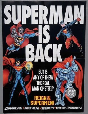Superman is Back, Reign of the Supermen Poster DC Comics, 1993, Mint, Folded
