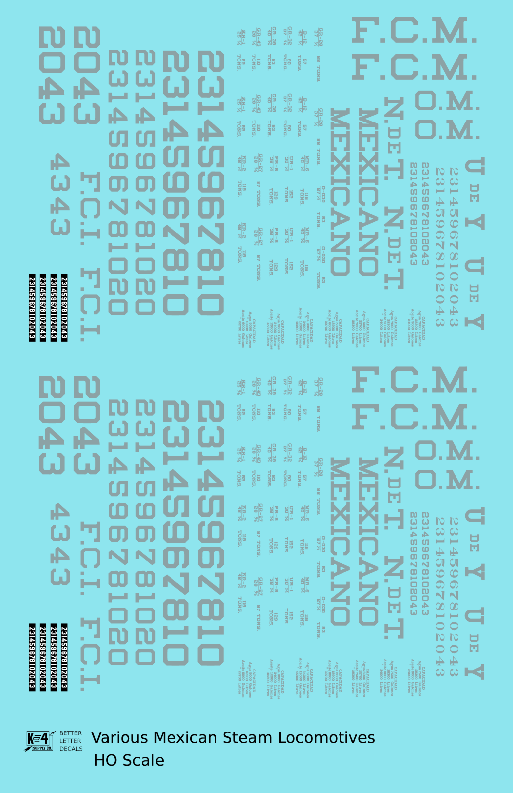K4 HO Scale Decals UdeY NdeT FCM Mexicano FCI Mexican Steam Locomotives Silver