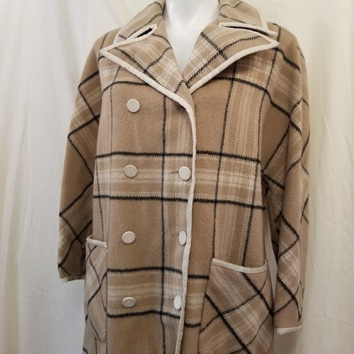 Vintage 1960s Wool Felt Natural Tan Black Tartan Plaid Jacket Coat Patch Pockets - Picture 4 of 10