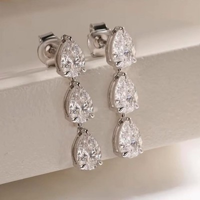 3-Stone Pear Cut Moissanite WaterDrop Dangle Drop Earrings 925 Sterling Silver