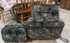 Vintage Jaguar Three Piece Tapestry Luggage Travel Set Green Leafy Floral Print