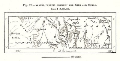 Wassertrennung zwischen Nil und Kongo. Sudan. Skizzenkarte 1885 alt