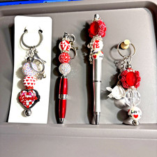 HAND MADE BEAD PEN  BEAD KEY CHAIN  INK REFILL- Valentine  s Day 2 Pens 2 Keyc