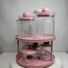 VTG Mauve Vanity Storage Set 11 Pc Canisters Pink Plastic Lazy Susan Retro