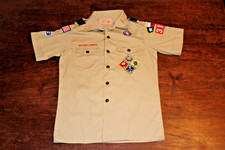 Boy Scouts of America BSA Youth Shirt Tan Large Sewn Patches Short Sleeve