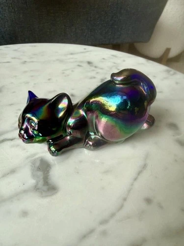 Fenton Art Crouching Cat Figurine Cobalt Carnival Glass, Original Sticker, 1980s