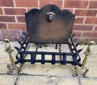Vintage Reclaimed Cast/Wrought Iron/Brass Grate Fire Basket Lion Head Back Plate