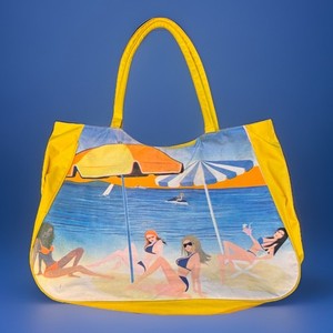Vintage Beach Tote Bag 90s Pin Up Bikini Girls Umbrella Yellow Waterproof Lining