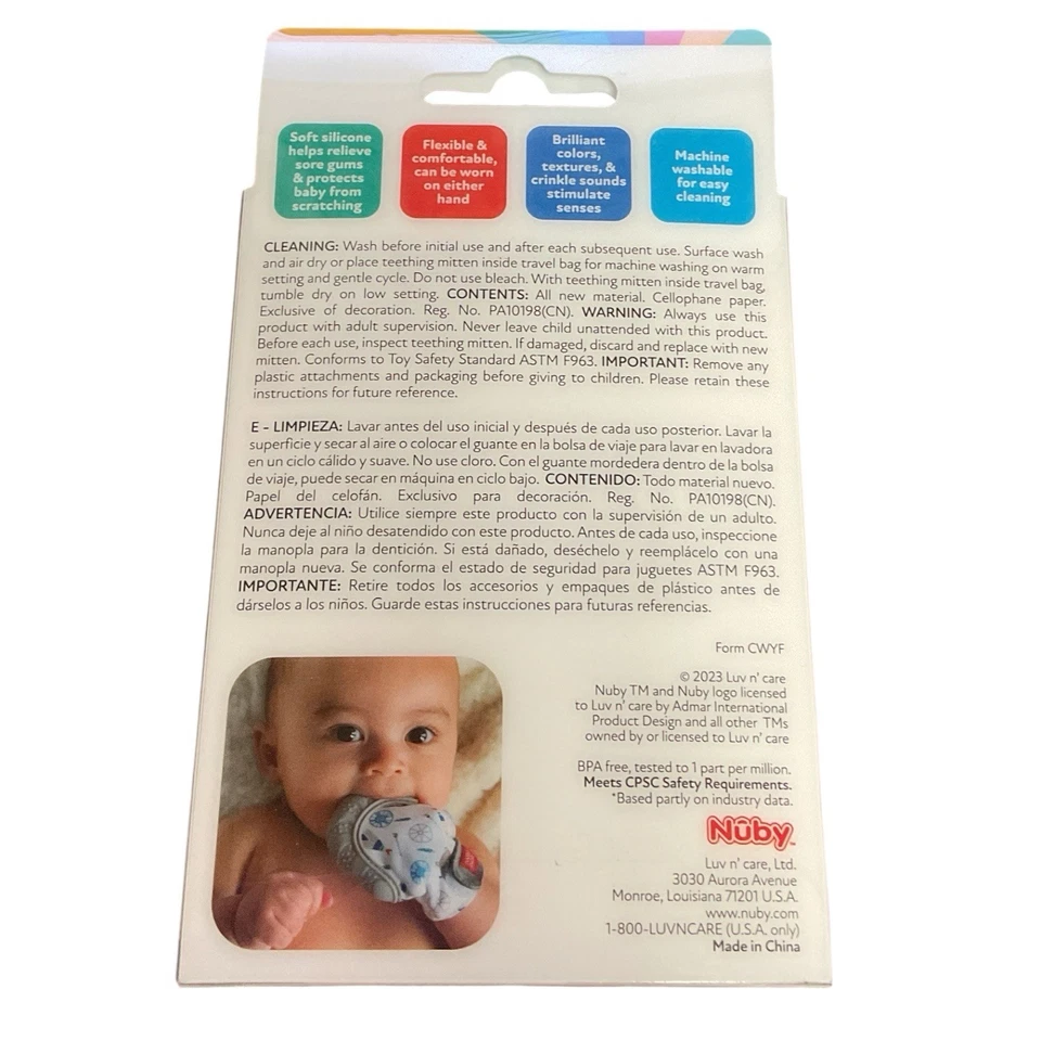 Nuby Teething Mitten Red Soothing Silicone BPA Free with Travel Bag - Image 2 of 2