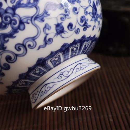 Cuenco dragón vintage de porcelana azul y blanco pintado a mano con marca Qianlong 21396 - Imagen 5 de 8