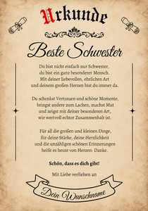 Urkunde Beste Schwester personalisiert A4 Geschenk Papier Holz mit Wunschname