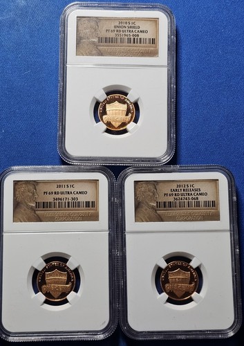2010 S, 2011 S, 2012 S Lincoln Shield Cent NGC PF69 RD Ultra Cameo Set Of Three