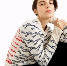 J.Crew Colorblock Sweater in Jacquard "Yes/No" Merino Wool Knit Size M 