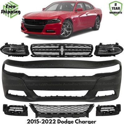 Front Bumper Cover Primed Plastic & Headlights Kit For 2015-2022 Dodge Charger