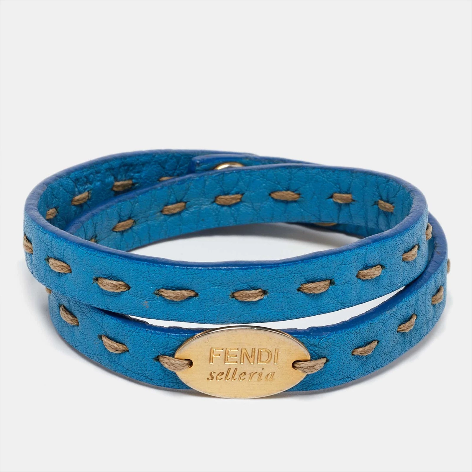 Bracciale doppio avvolgimento in pelle blu Fendi Selleria
