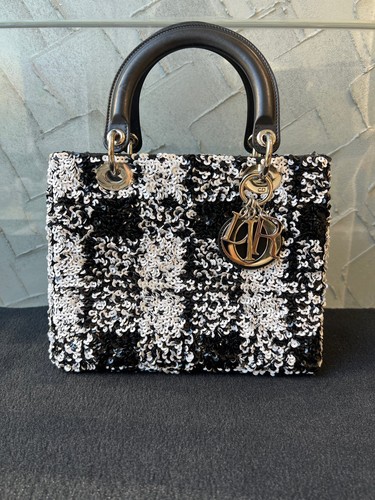 Dior Lady Dior Sequined Fabric Black Top Handle Bag AUTH
