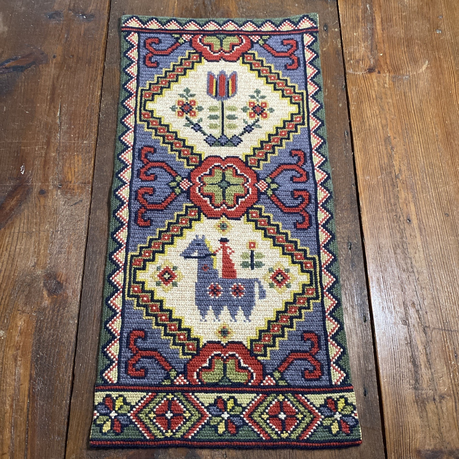 Vtg Swedish Nordic Horse Rider Traditional Tapestry Woven Needlework 23 x 11”