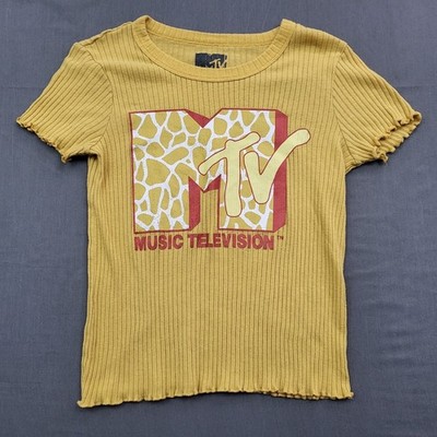 MTV Music Television Ribbed Lettuce Trim Baby Tee Mustard Yellow Large L 2021