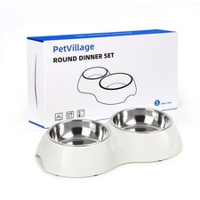 Petvillage Dual Dog Bowls Set - Non-Slip Food  Water Feeder for Kittens- White