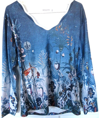 Misslook Womens Pullover Top Size Medium L/S Blue Nightscape Boho Witchy Fairy