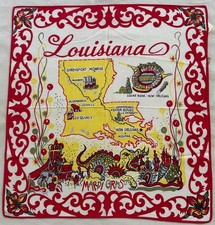 VTG Louisiana Mardi Gras Map Cotton Red Yellow Handkerchief Orleans Hanky 16" E