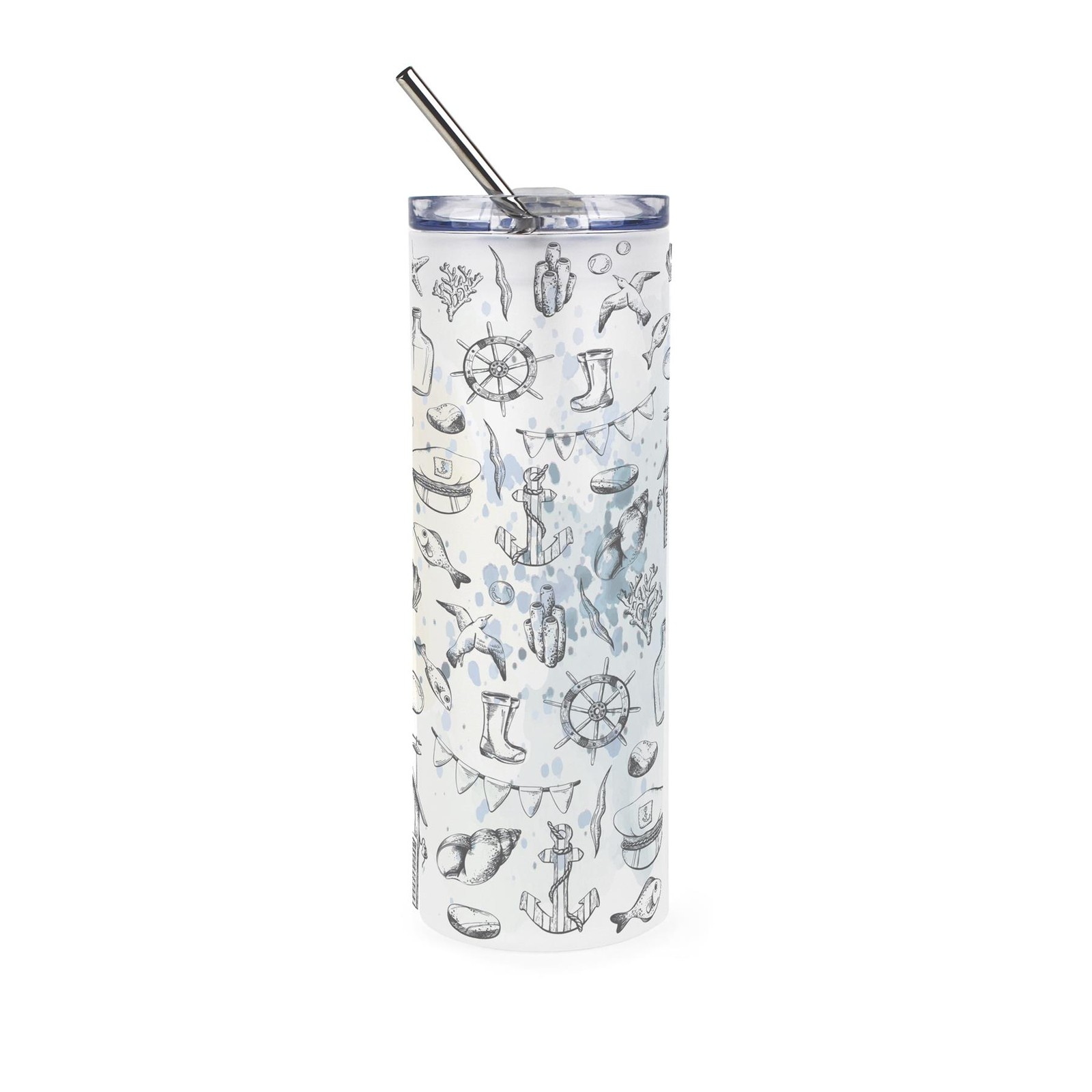 Marine Drawings Glass Travel Flask & Straw - Nautical Drinkware Gifts
