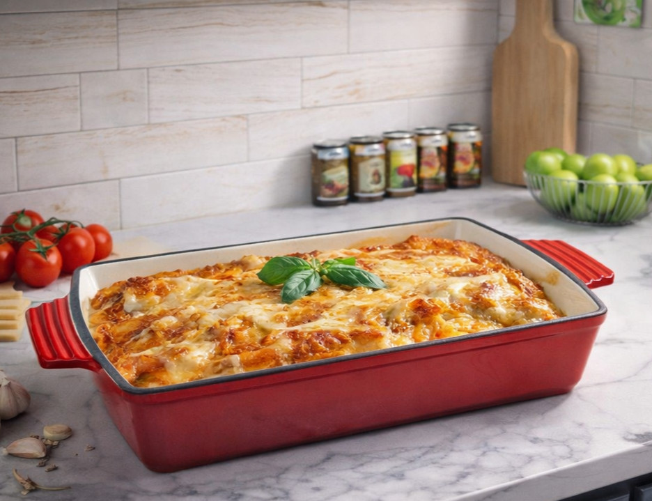 Enameled Cast Iron Roasting Pan Baking Dish &ndash; Oven Safe, Nonstick, Red