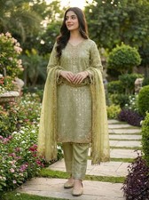 Latest New Pure Silk Pista Green Top Palazzo With Dupatta For Wedding Wear