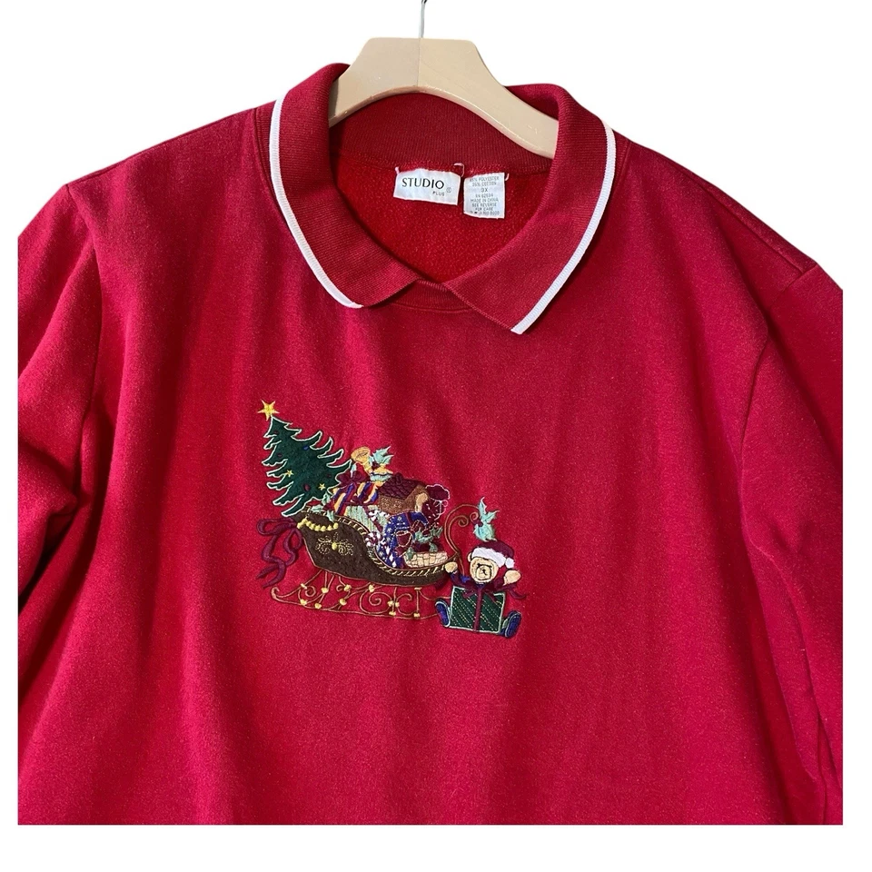 VINTAGE STUDIO PLUS Santa's Sleigh Collared Sweatshirt Size 3X Christmas Granny - Image 3 of 4