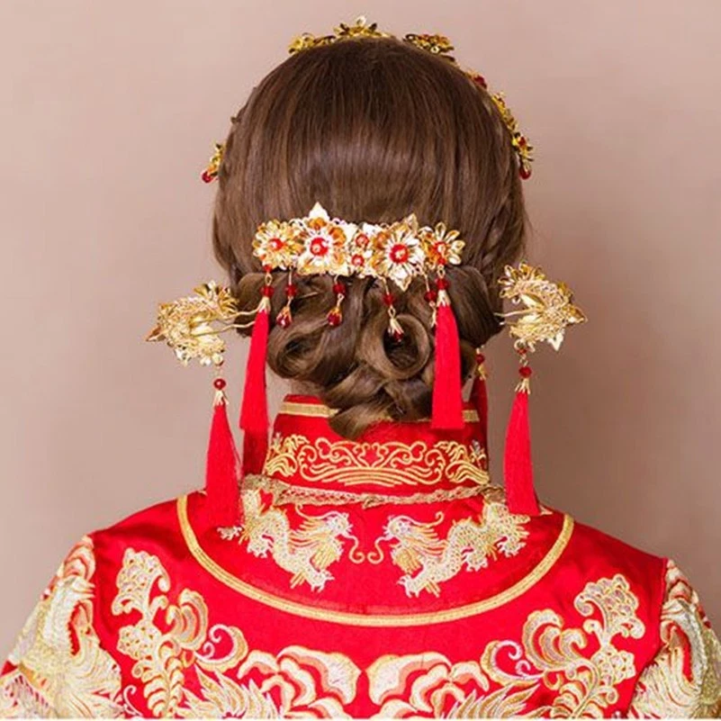 Traje Tocado Chino Boda Novia Disfraz Antiguo Cabello Borla Roja Horquilla Foto 4 de 4