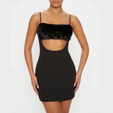 Naked Wardrobe Black Faux Fur Trim Front Cutout Mini Dress Small
