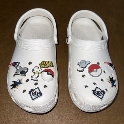 Crocs Clogs White - Jibbitz Charms Sports Pokemon etc. US Mens 8 - Womens 10