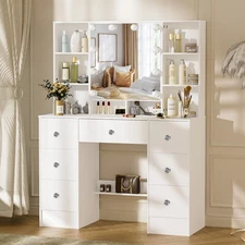 Makeup Vanity Table White Vanity Desk with Mirror and Lights Vanitys 7 Drawers