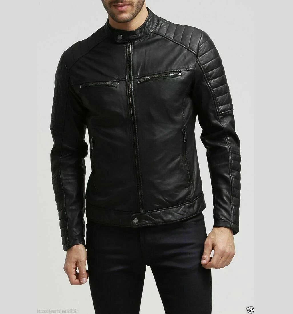 Men's Black Quilted Leather Jacket Genuine Lambskin Slim Fit Stylish Coat Jacket