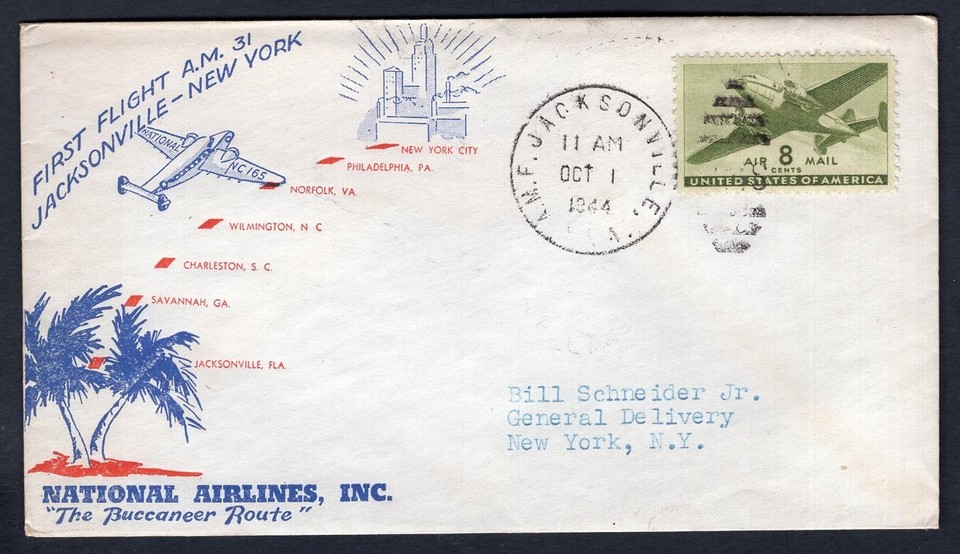 USA 1944 First Flight Cover Jacksonville FL to New York National