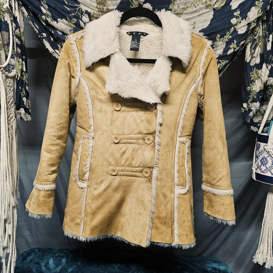 Abrigo retro Hype tostado y beige imitación gamuza y peludo talla mediana