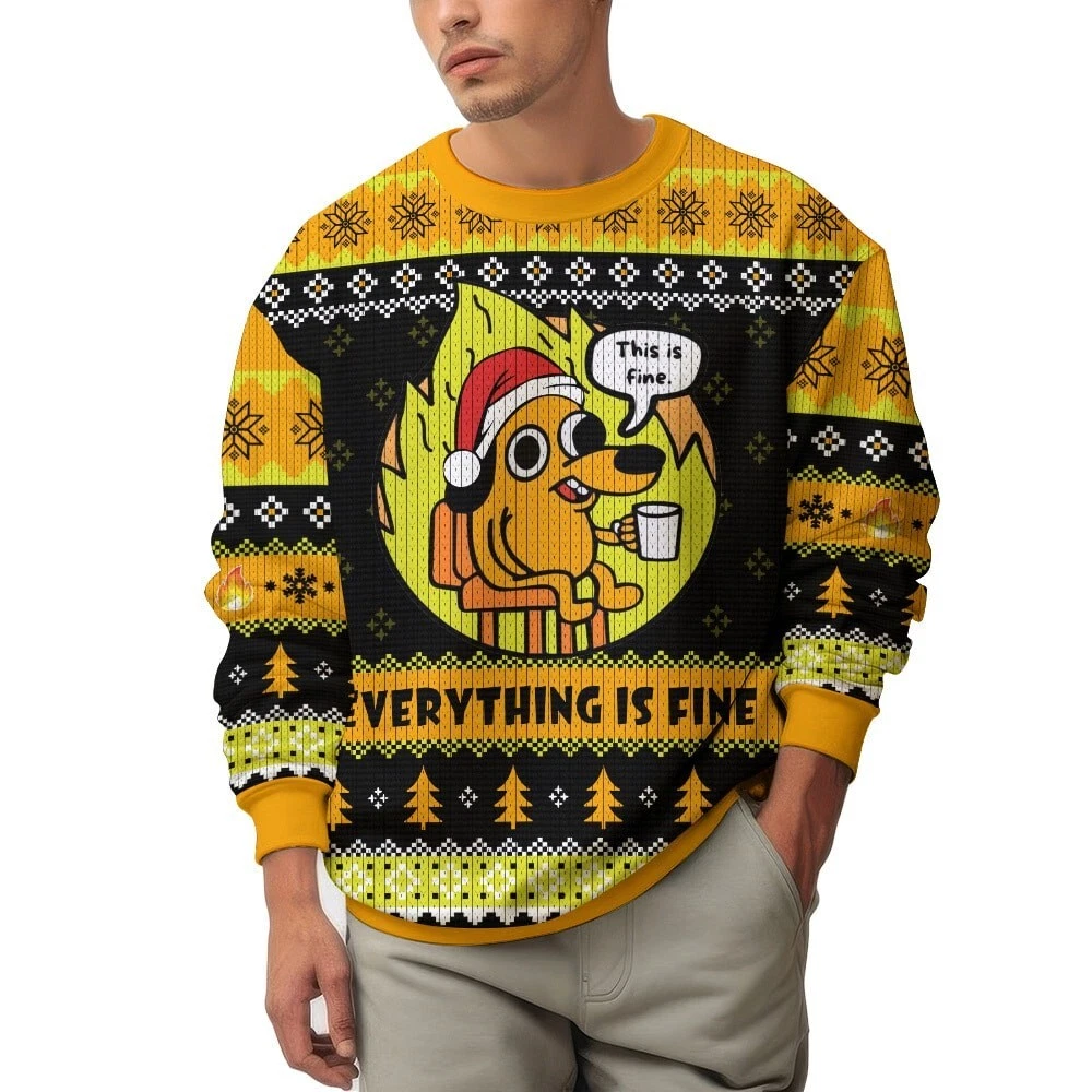 This is Fine Meme Christmas Ugly Sweater Funny Holiday Meme Gift
