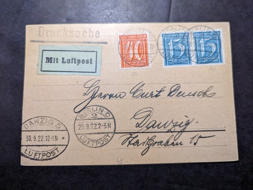 1922 Germany Airmail Postcard Cover Berlin C to Danzig 5