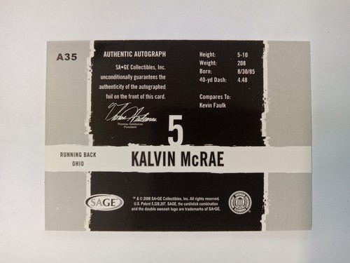 2008 Sage Hit Kalvin McRae Auto Ohio A35 RC Rookie Autograph Free Shipping! - Picture 2 of 2