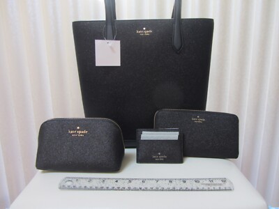 Kate Spade Tinsel Black Glitter Tote, Continental Wallet, Cardholder,  Makeup Bag