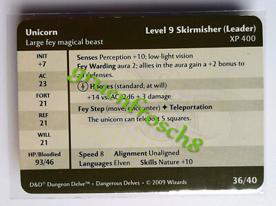  UNICORN  36 V  DDM MONSTER MANUAL  DANGEROUS DELVES 2009  D&D STATS CARD