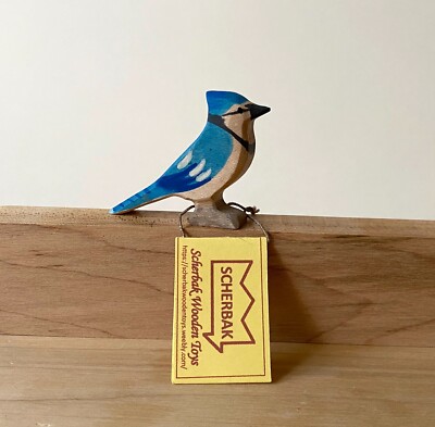 BLUE JAY bird, hand made Waldorf wooden Toy figure Ostheimer type Scherbak
